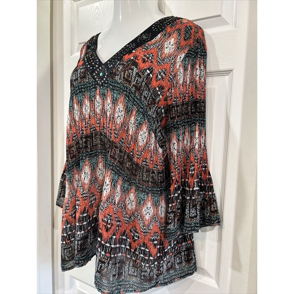 Dressbarn Plus Size 18 20 1X Colorful Crinkle Pleat Bell Sleeve Tunic Top Blouse